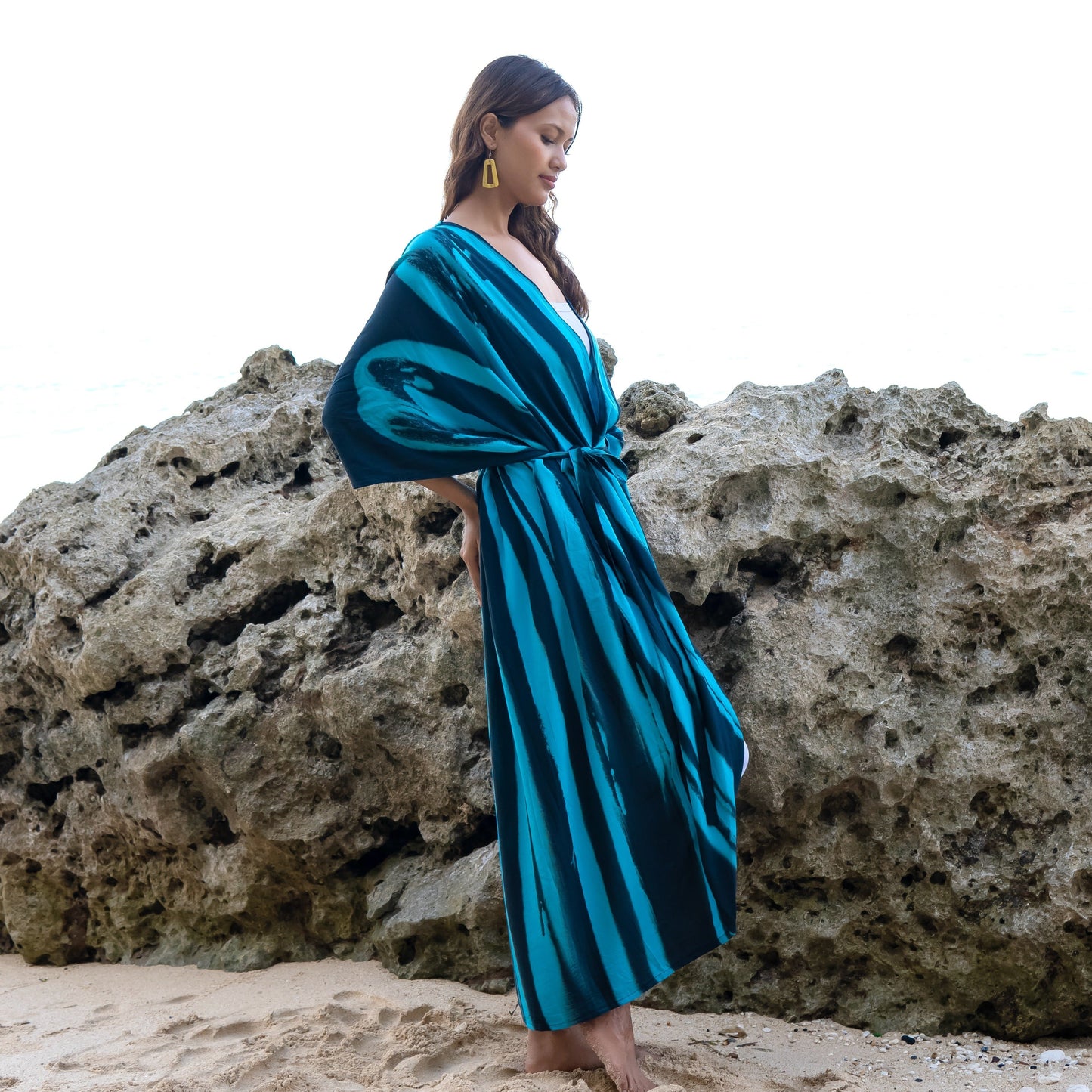 Teal black abstract tie dye kimono open front beach cover up side view
