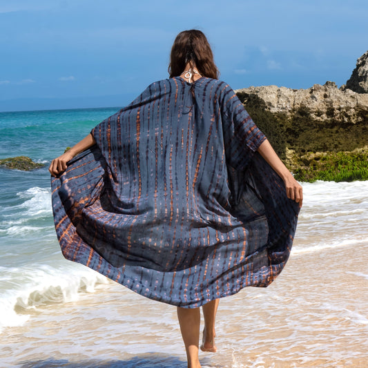 Denim and gold tie dye long kimono Bali handmade boho beach cover up back open view
