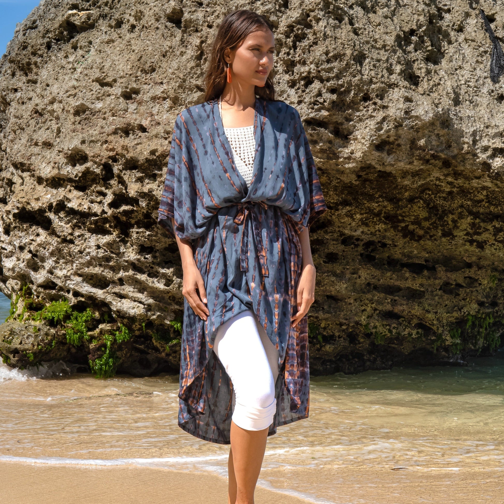 Denim gold tie dye kimono open front women's beach coverup