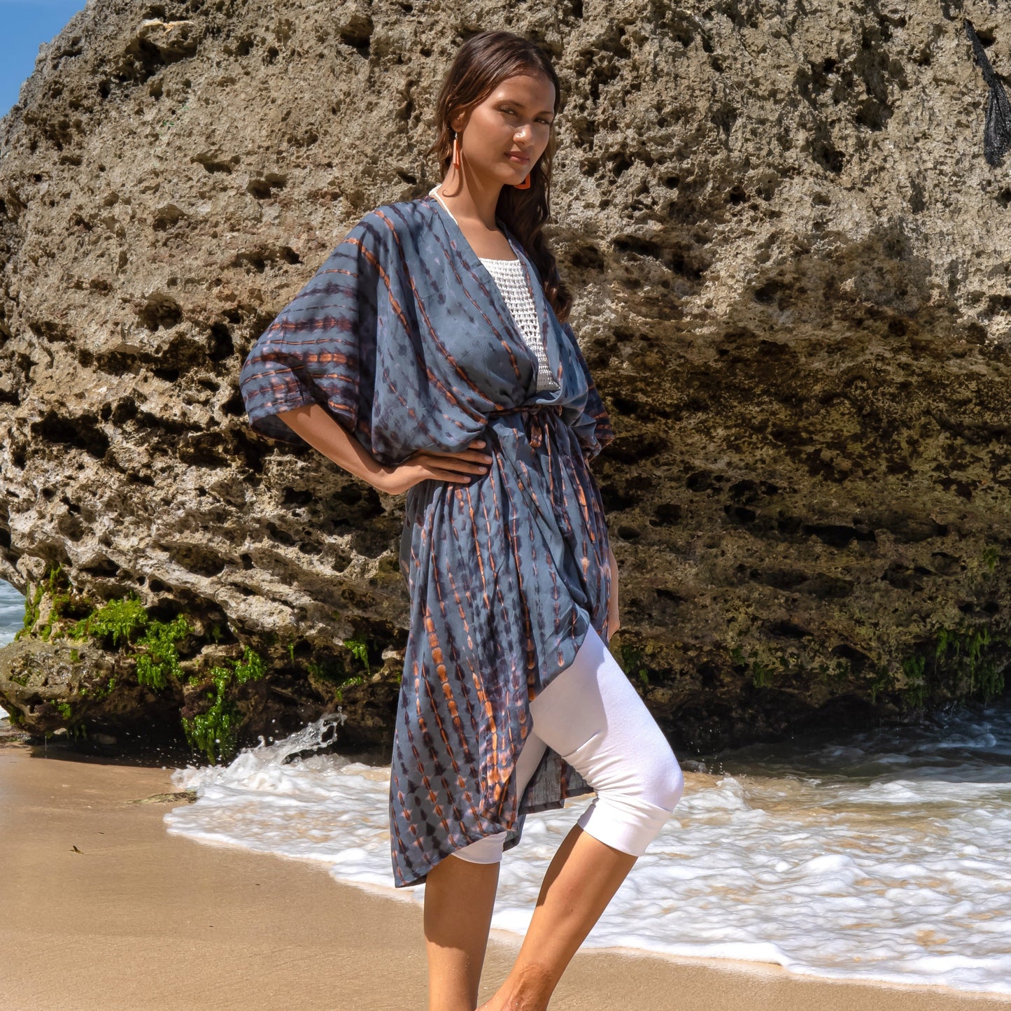 Handmade tie dye long kimono denim gold Bali artisan clothing
