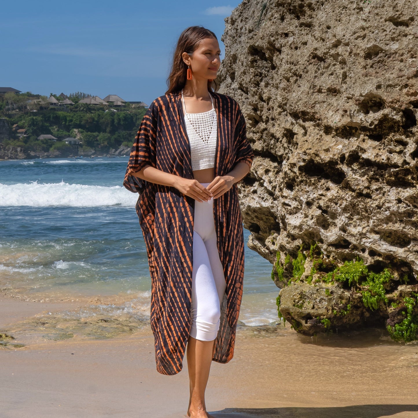 Handmade tie dye long kimono orange black Bali artisan
