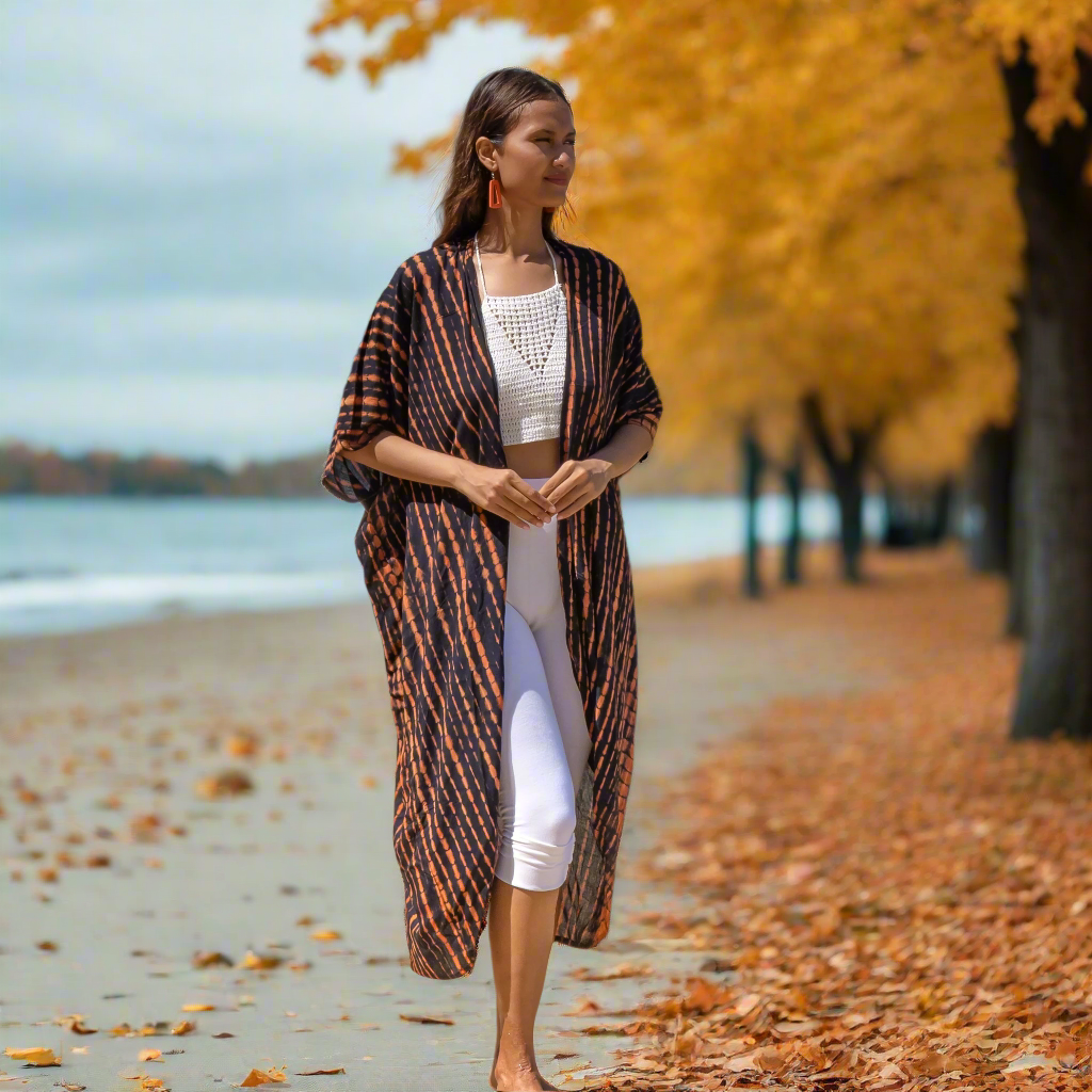 Boho orange black kimono open front resort wear for women