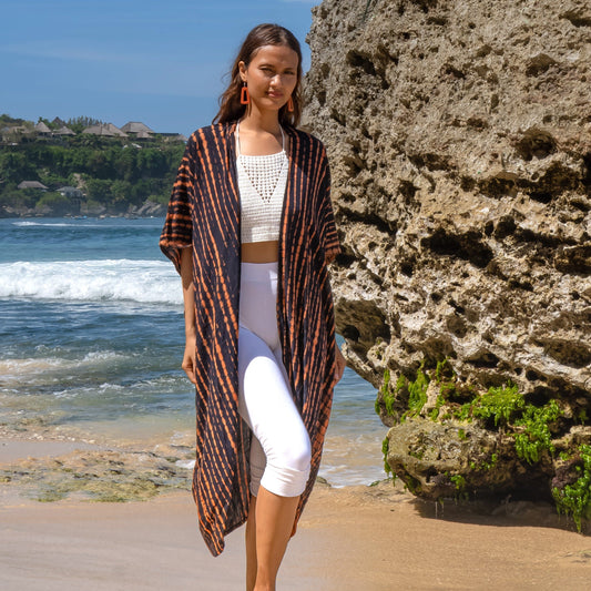 Orange black tie dye kimono open front women's beach coverup