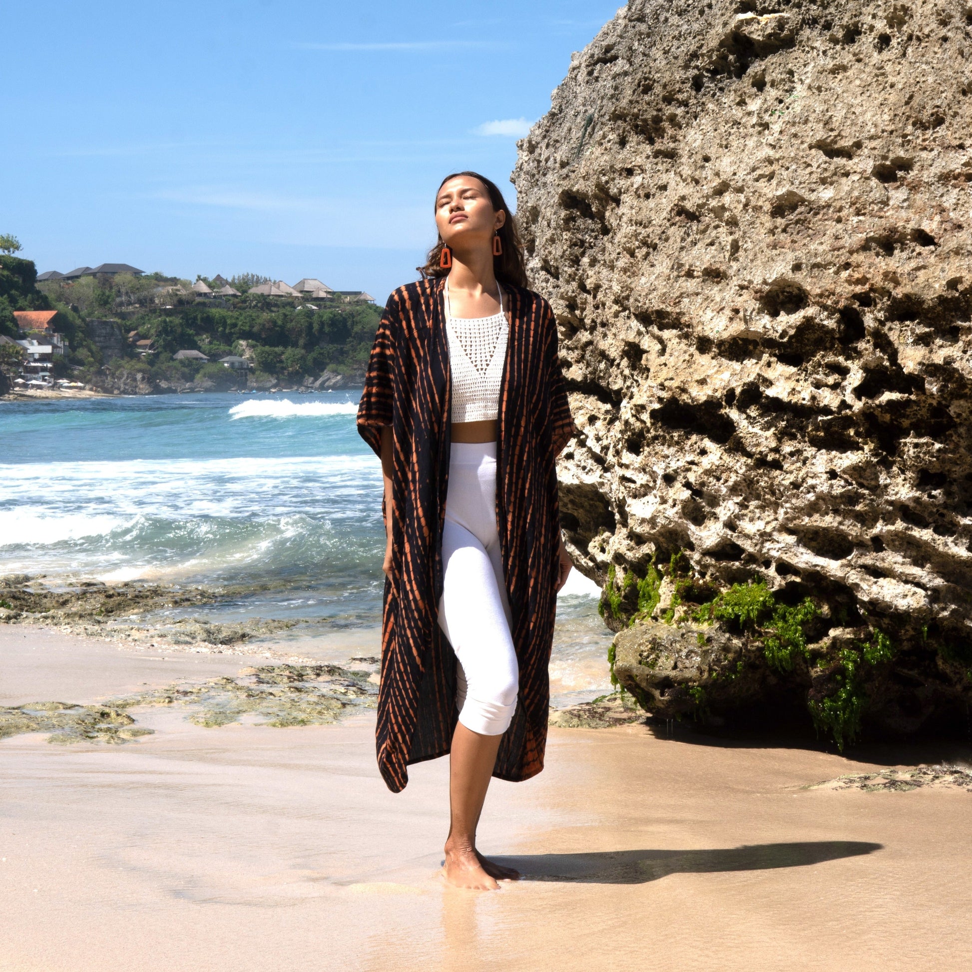 Tie dye long kimono orange black lightweight summer wrap