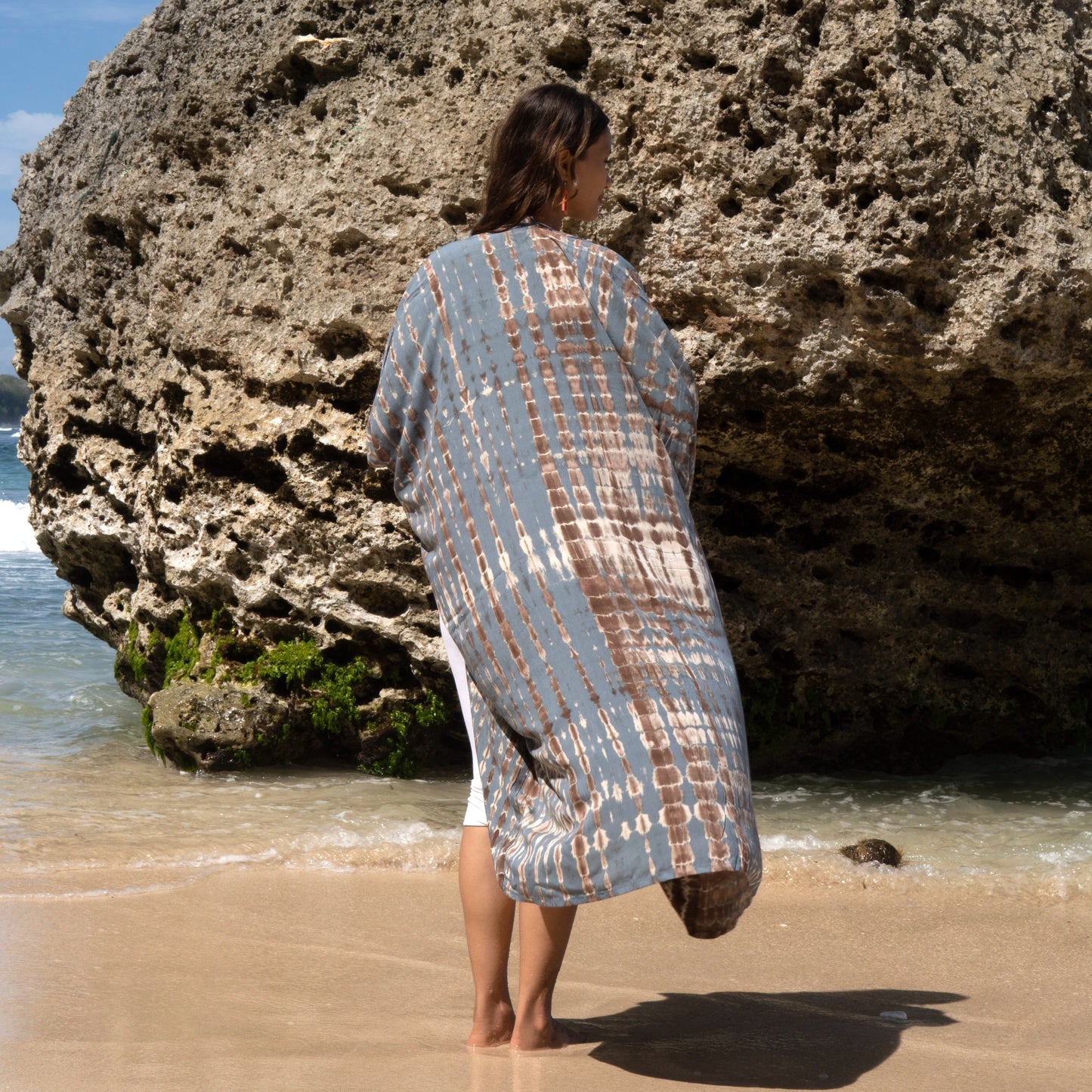 Handmade tie dye long kimono tan grey Bali artisan clothing back view