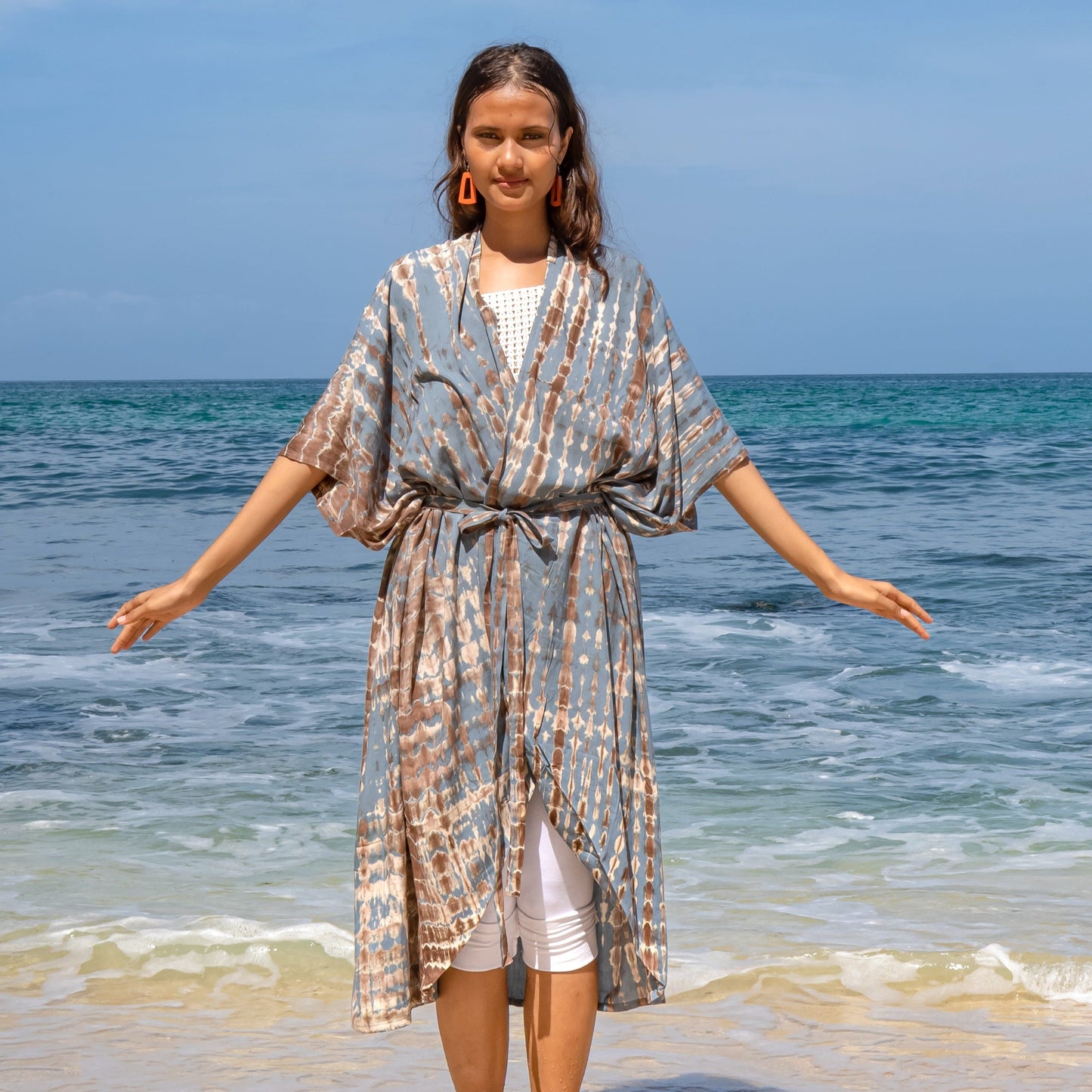 Tan grey tie dye kimono open front women's beach coverup