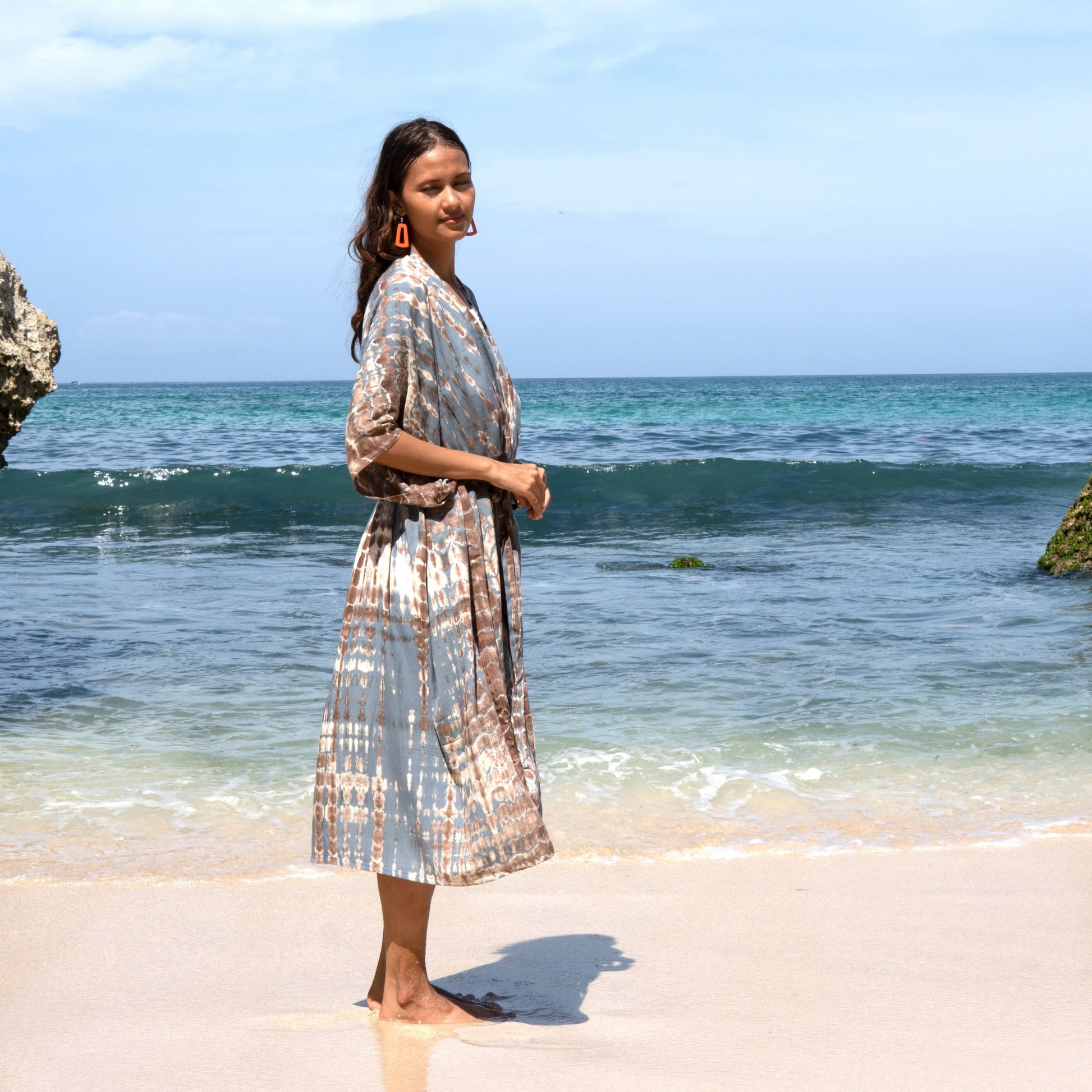 Handmade tie dye long kimono tan grey Bali artisan clothing side view