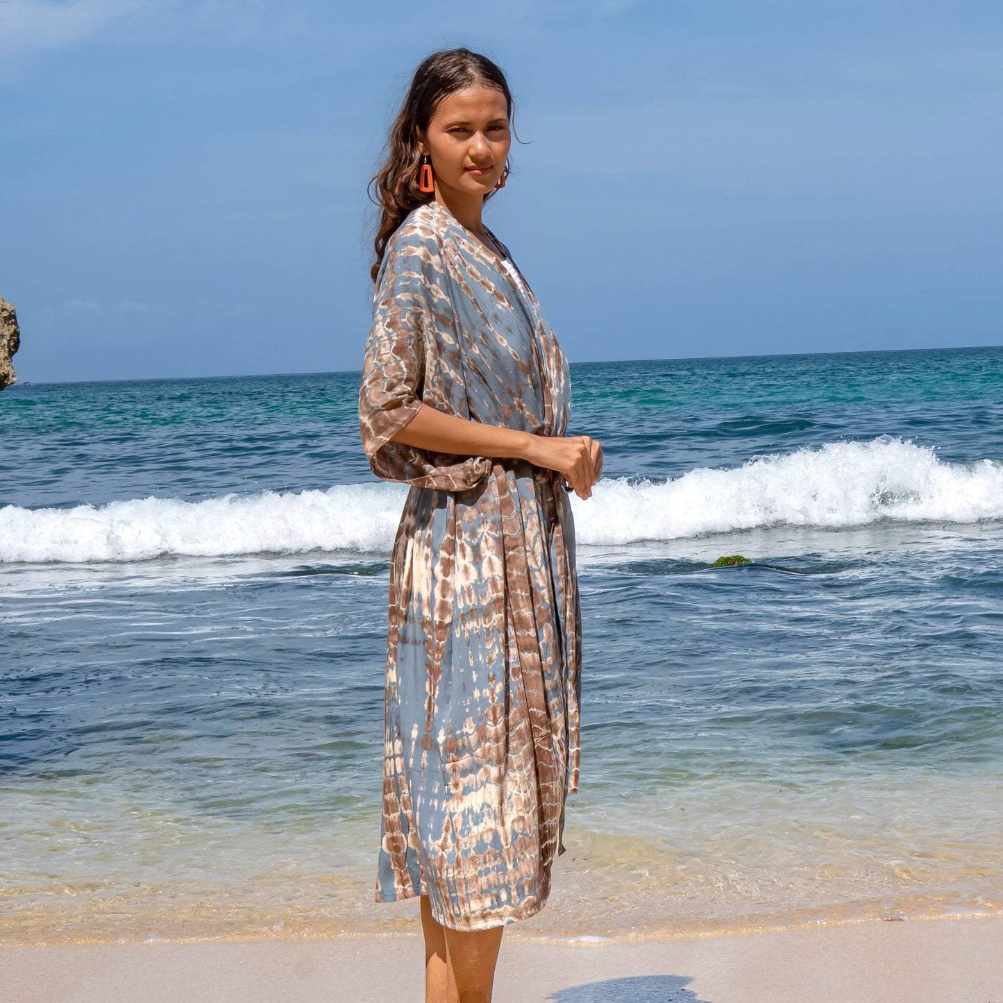 Tan and grey tie dye long kimono Bali handmade boho beach cover up