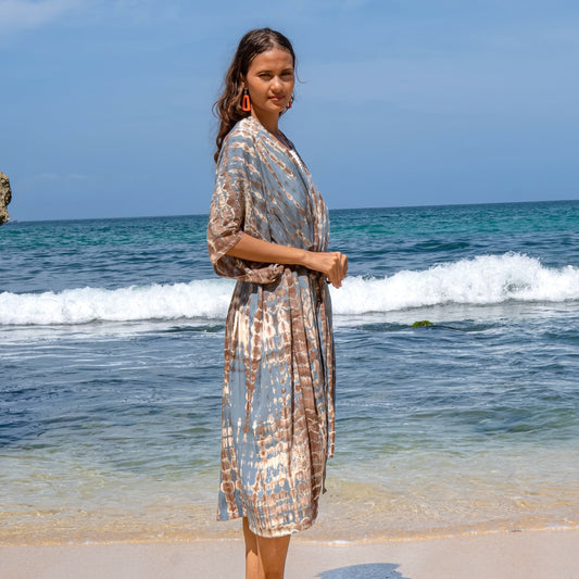 Tan and grey tie dye long kimono Bali handmade boho beach cover up