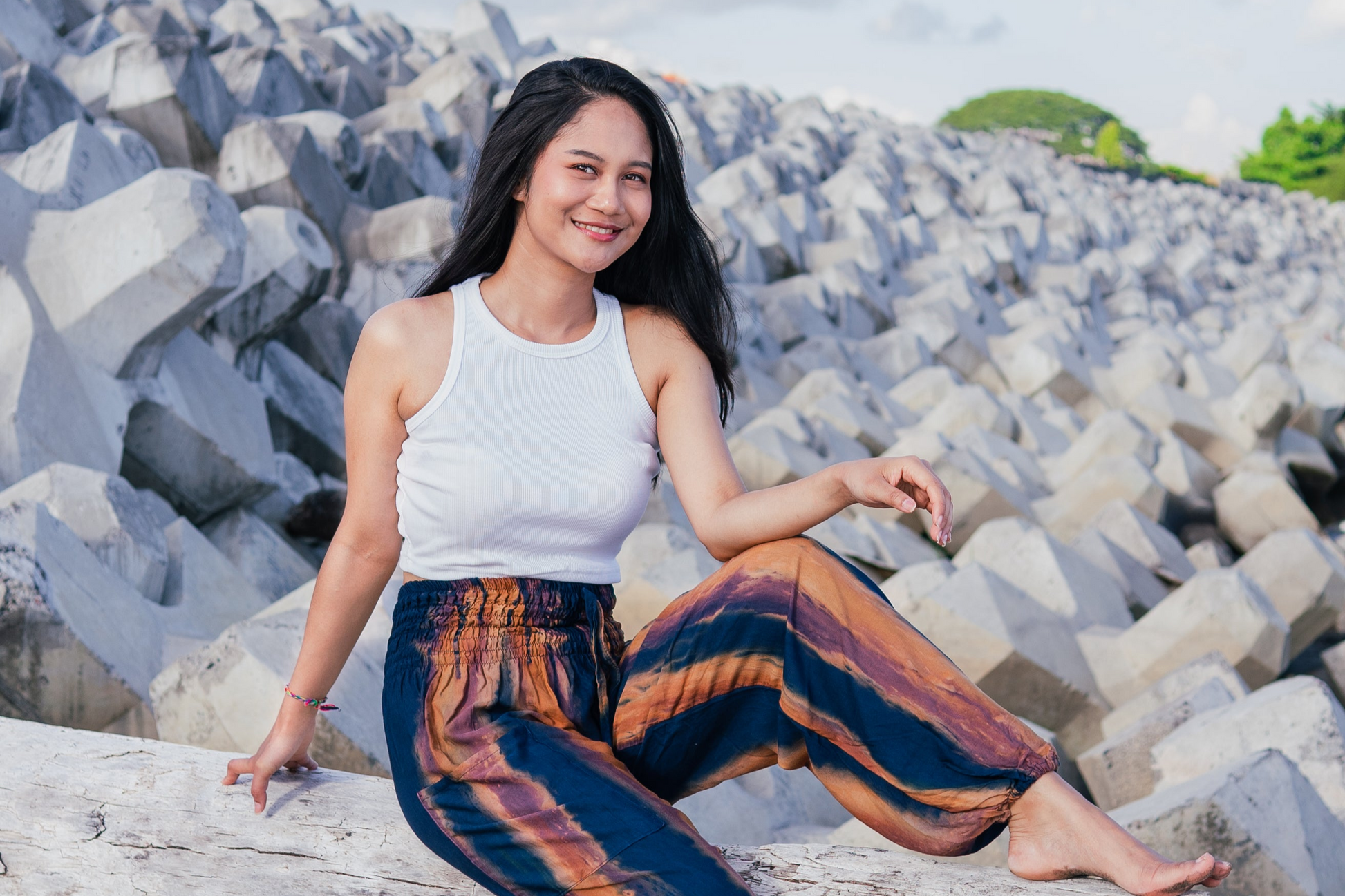 Navy and gold tie dye Bali pants boho festival look