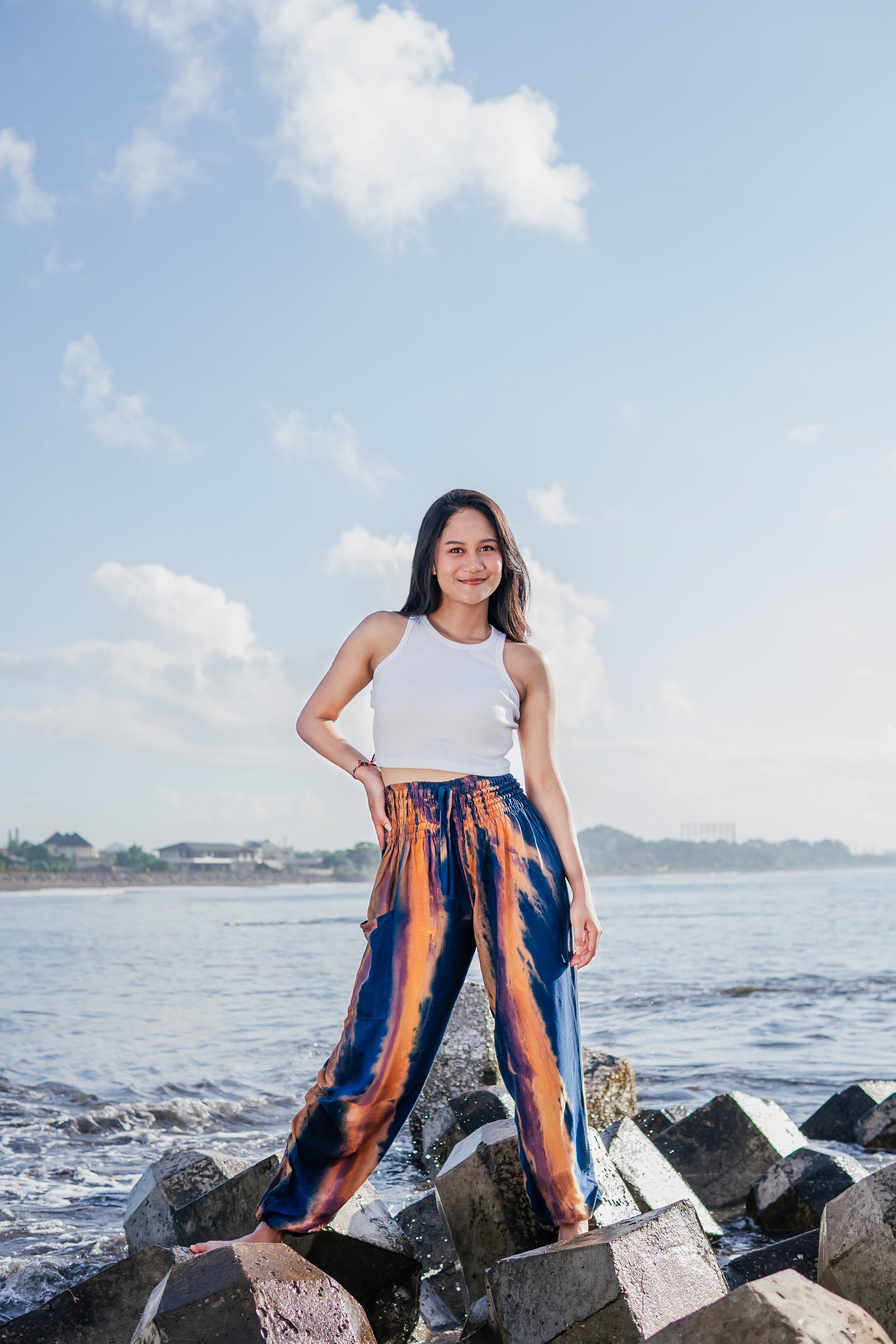 Navy and gold abstract tie dye Bali pants handmade boho women's trousers beach view