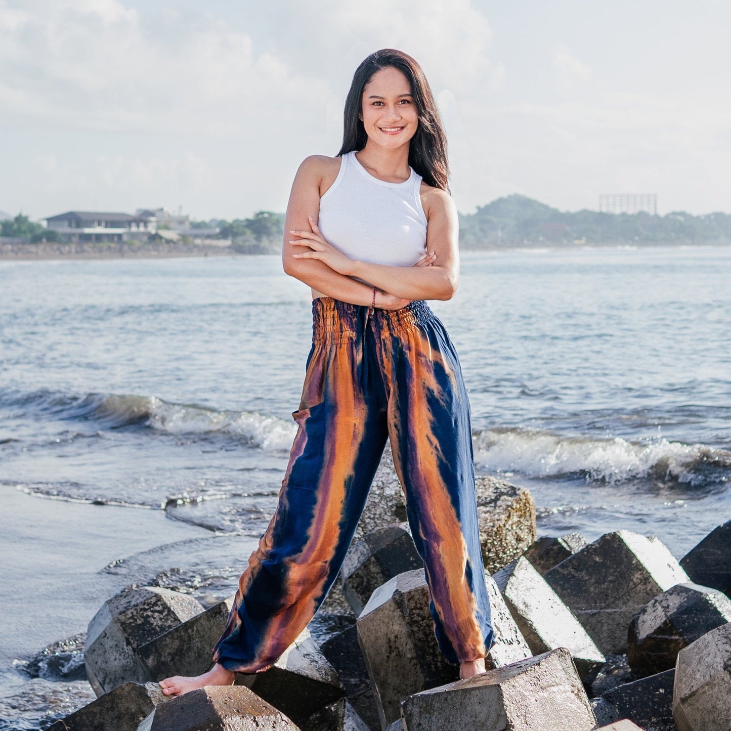 Navy gold tie dye Bali pants open waist beach resort wear