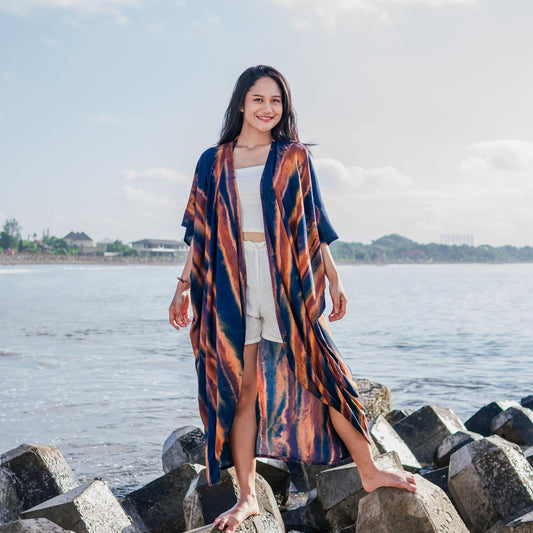 Navy and gold abstract tie dye long kimono Bali handmade boho clothing