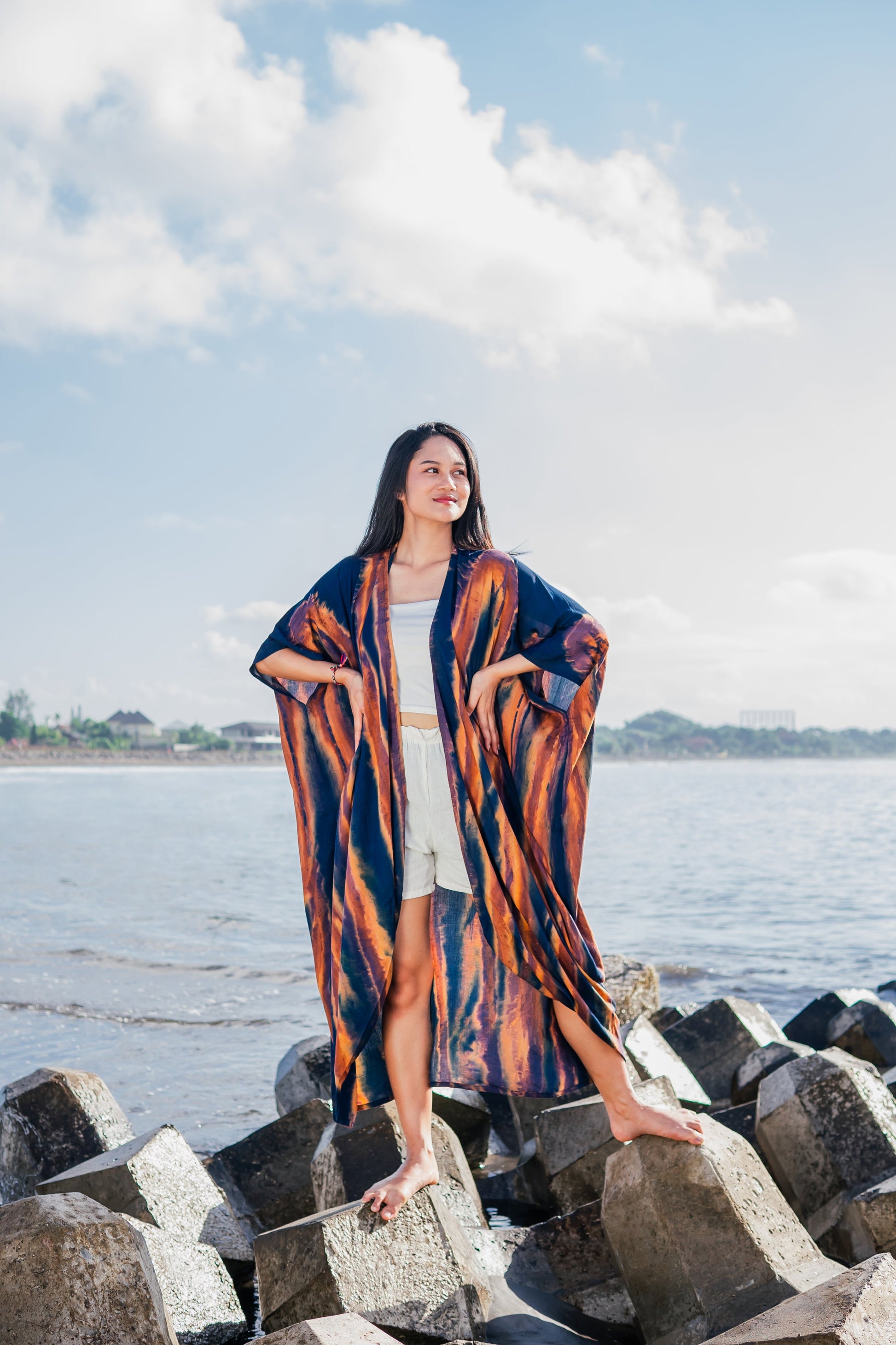 Abstract tie dye long kimono navy gold lightweight summer wrap