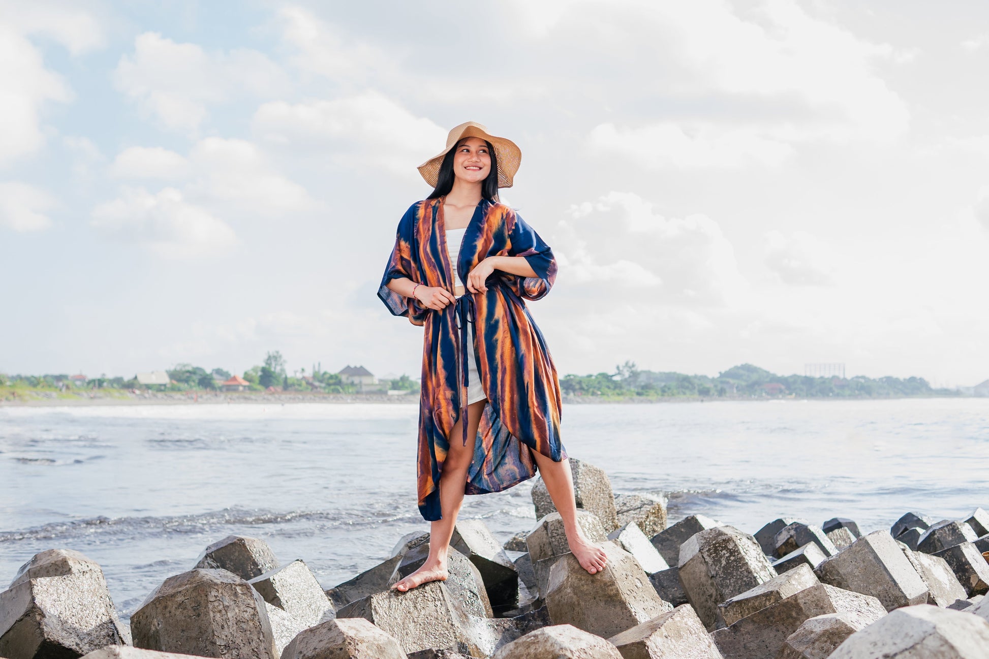 Navy and gold abstract kimono styled outfit shot