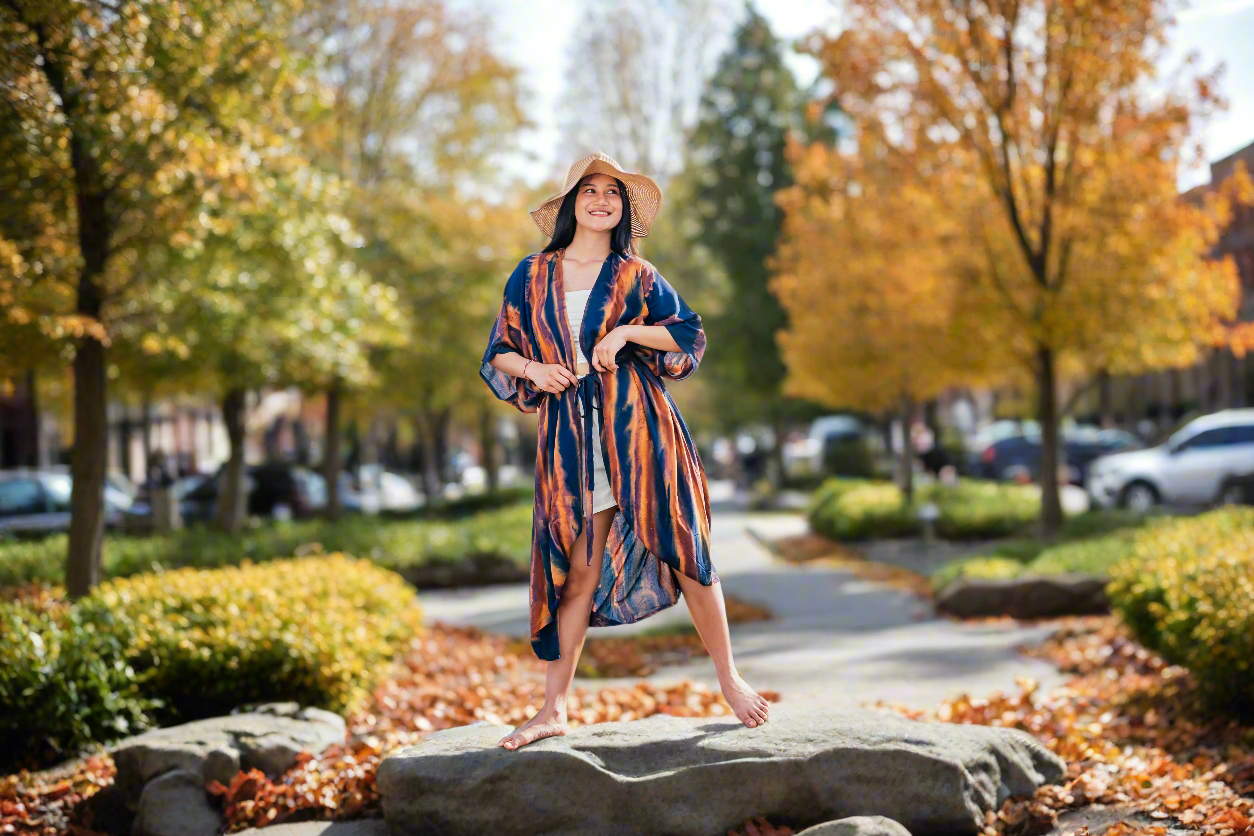 Navy gold tie dye kimono back view resort wear