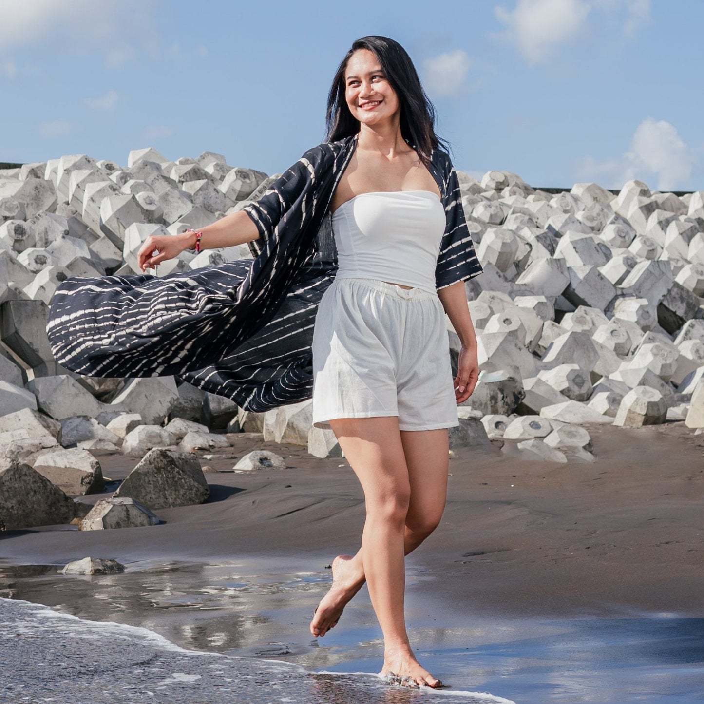 Black and white kimono cardigan boho beach coverup women