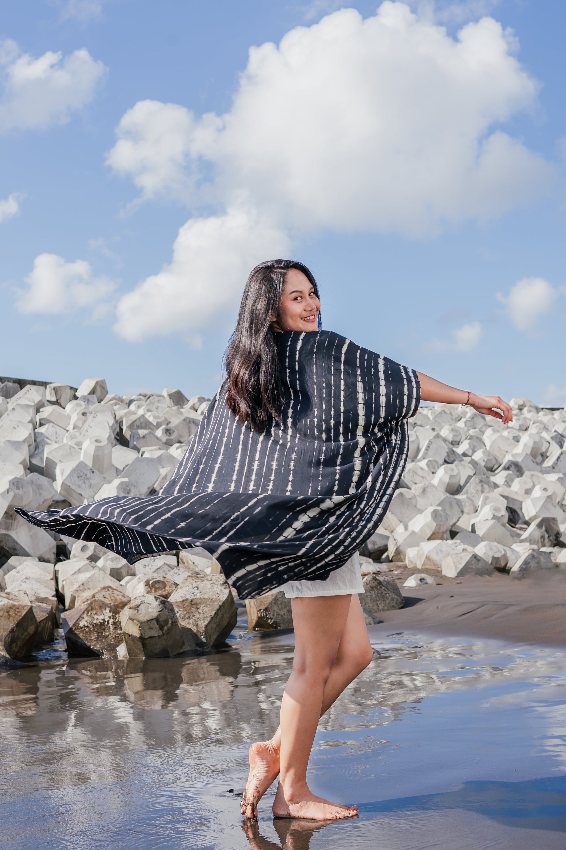 Black white tie dye kimono wrap women's beachwear back view