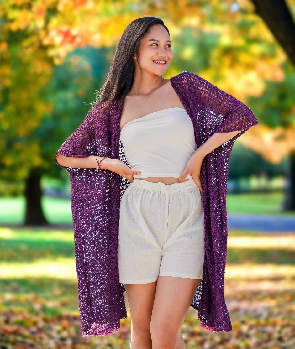 Purple popcorn knit kimono open front women's layering piece