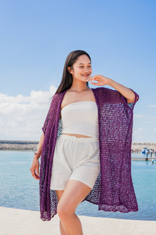 Purple mid length popcorn knit kimono Bali handmade boho cardigan