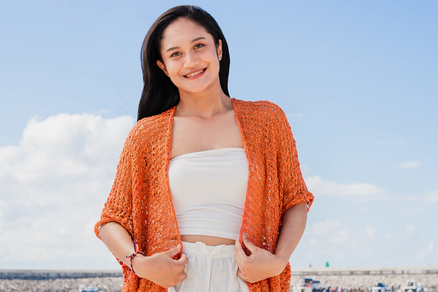 Orange popcorn knit kimono close up view boho knitwear