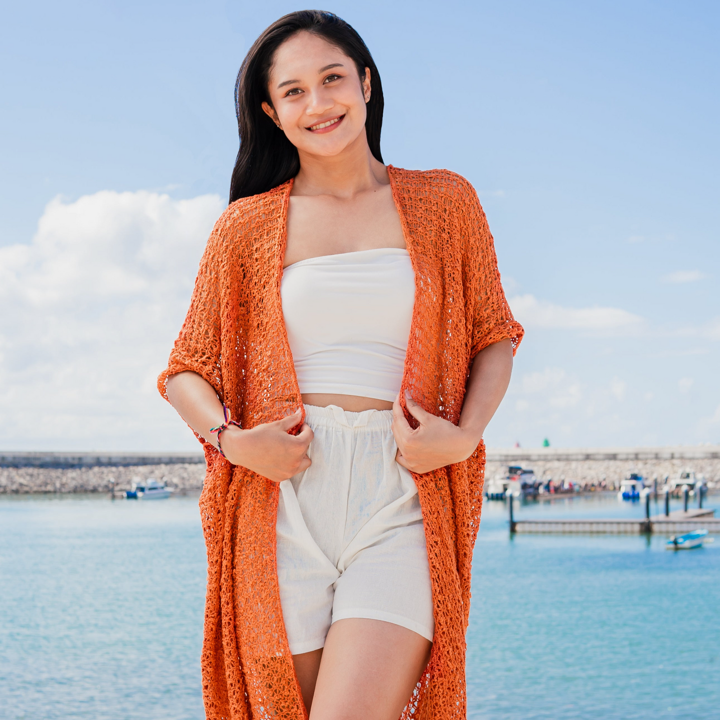 Orange mid length popcorn knit kimono Bali handmade boho cardigan