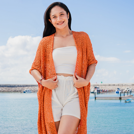 Orange mid length popcorn knit kimono Bali handmade boho cardigan