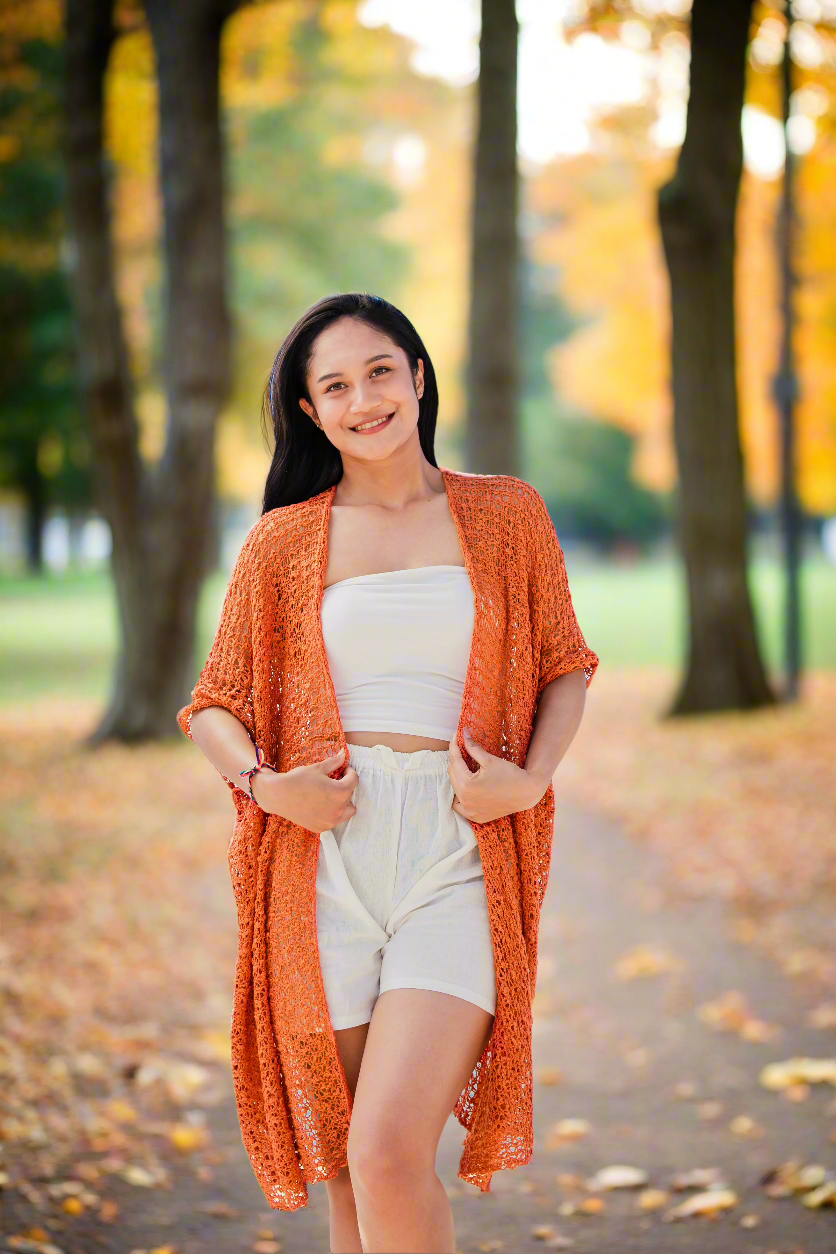 Orange popcorn knit kimono styled view lightweight cardigan