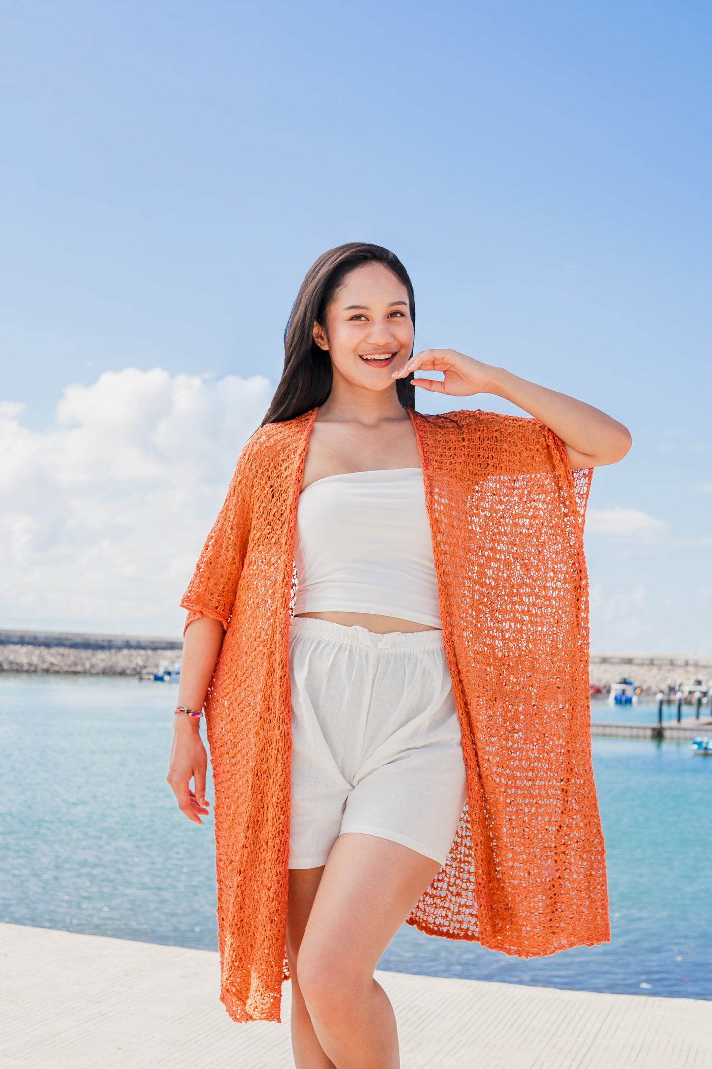 Handmade popcorn knit mid length kimono orange