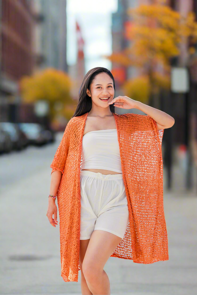 Orange popcorn knit kimono