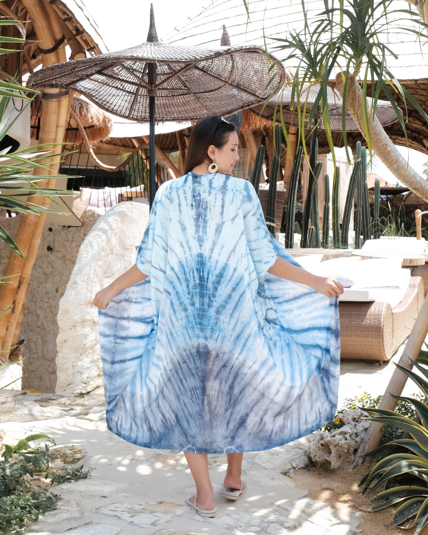 Handmade bone tie dye long kimono blue back view Bali artisan clothing