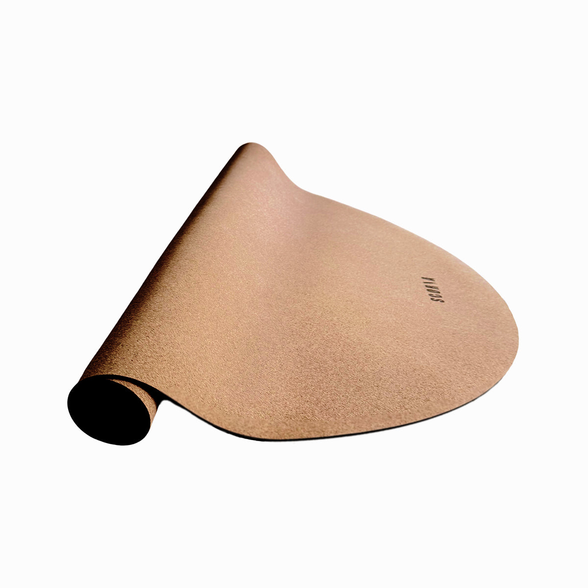 half-rolled cork yoga mat on a white background
