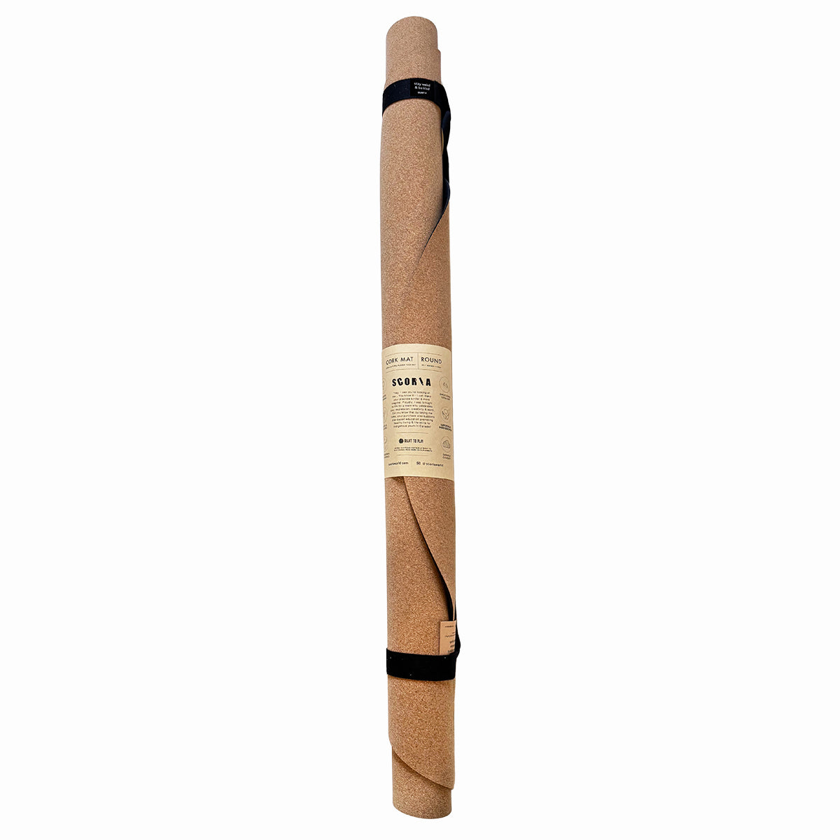 rolled-up cork yoga mat with strap on a white background
