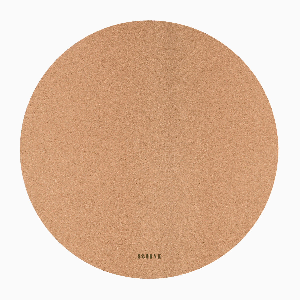 Round cork mat with branding on a white background