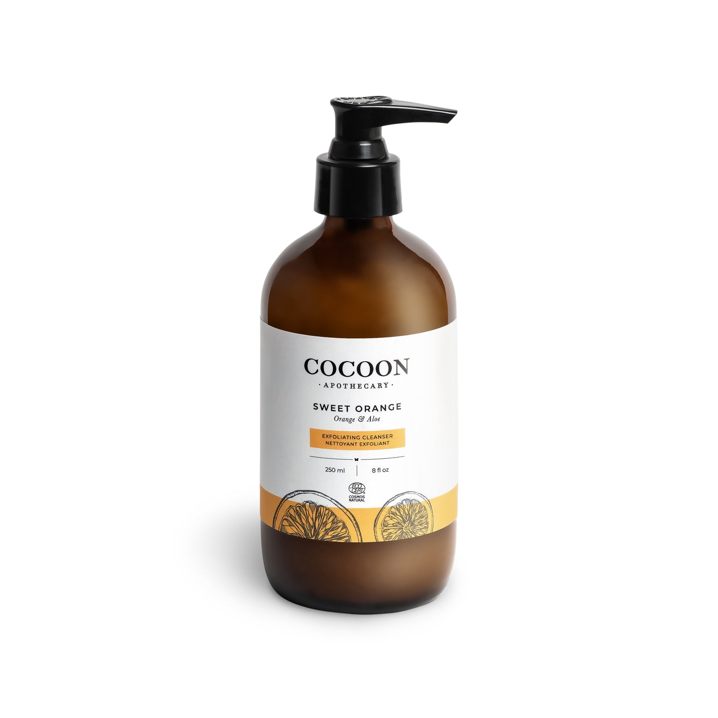 Brown bottle of sweet orange facial cleanser with pump and 'Cocoon' label on a white background