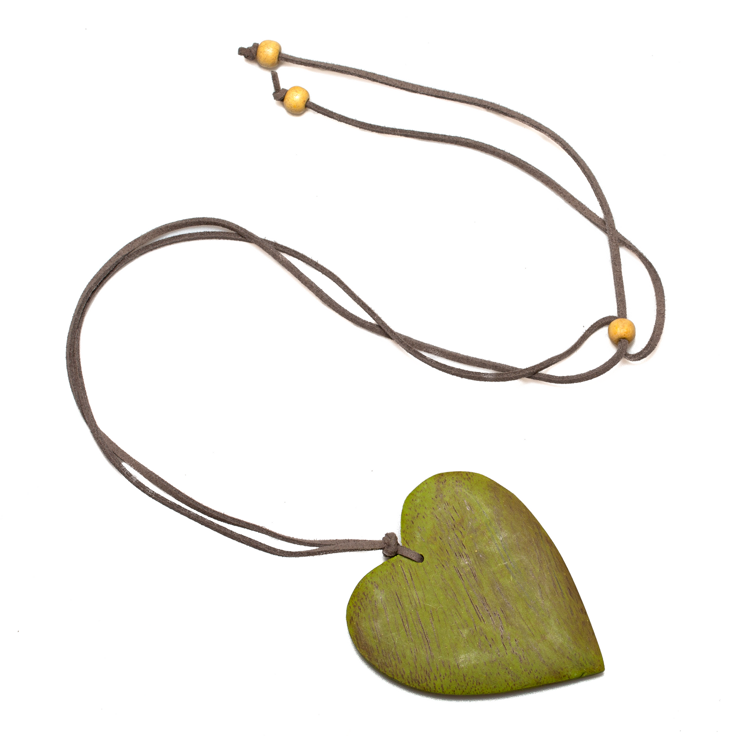 Dark green wood heart necklace on suede cord — artisan Bali jewelry