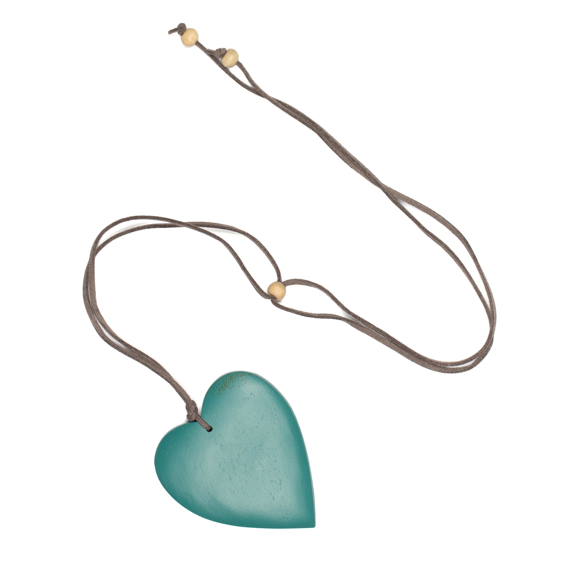 Handcrafted tinted wood heart necklace boho Bali jewelry teal