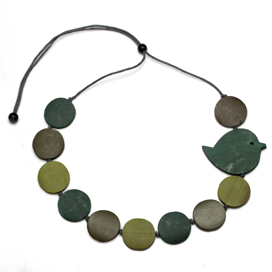 Fat bird on wooden disc necklace Bali handmade boho artisan green
