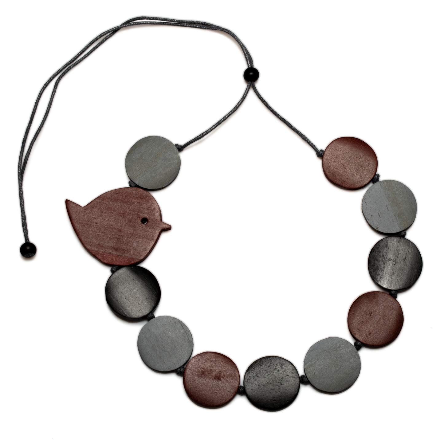 Handmade bird on wood disc necklace nature boho jewelry burgundy