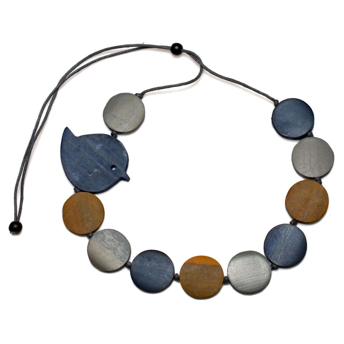 Whimsical wood bird disc pendant necklace bohemian style blue