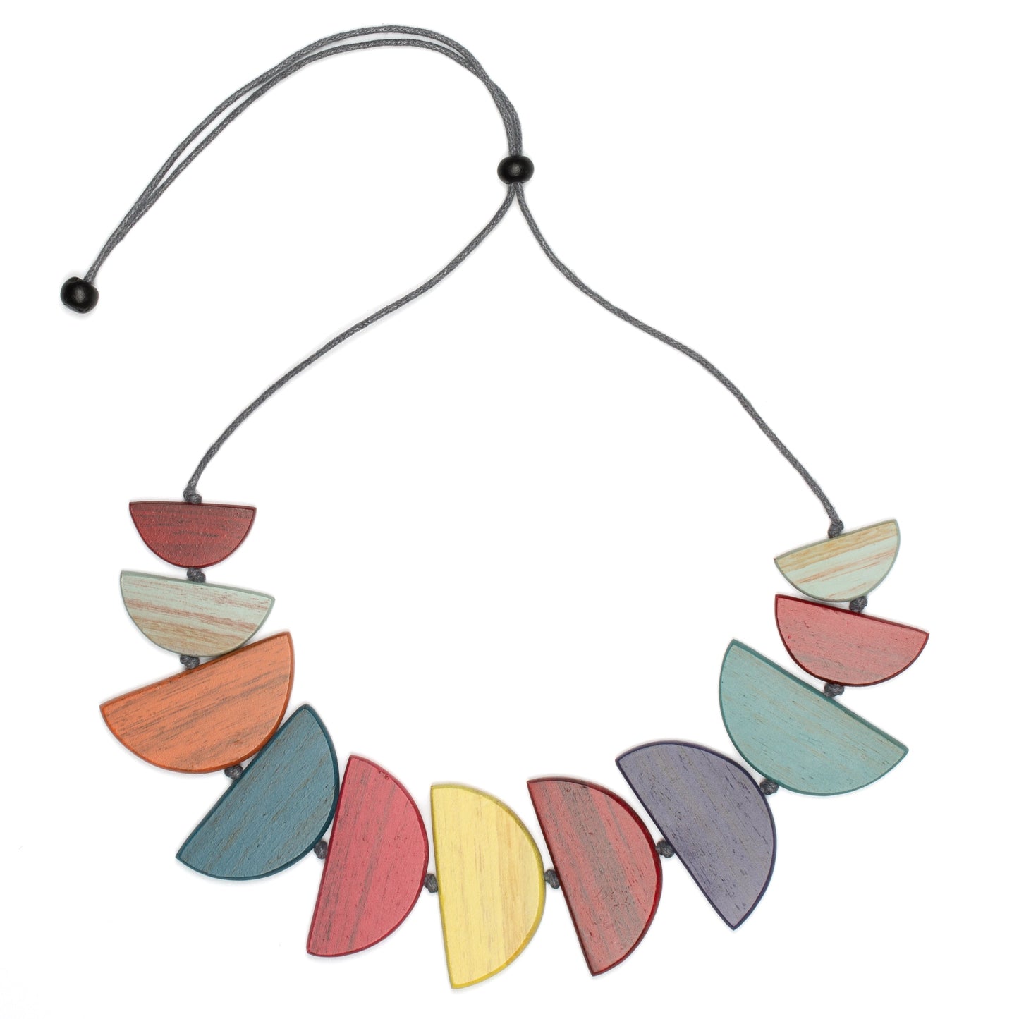 Tinted wood half moon necklace Bali handmade boho artisan jewelry