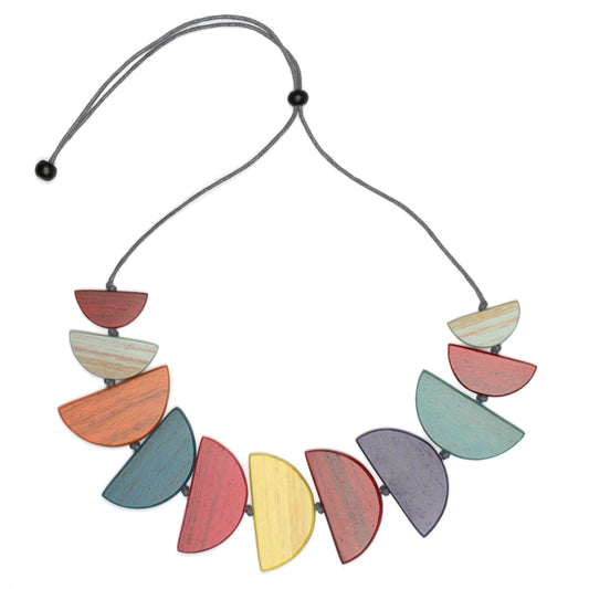 Tinted wood half moon necklace Bali handmade boho artisan jewelry