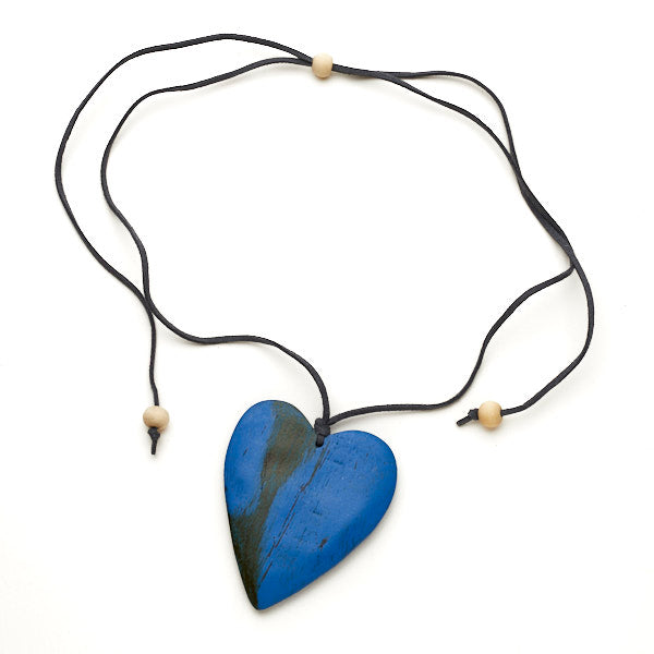 Dark blue wood heart necklace on suede cord — artisan Bali jewelry