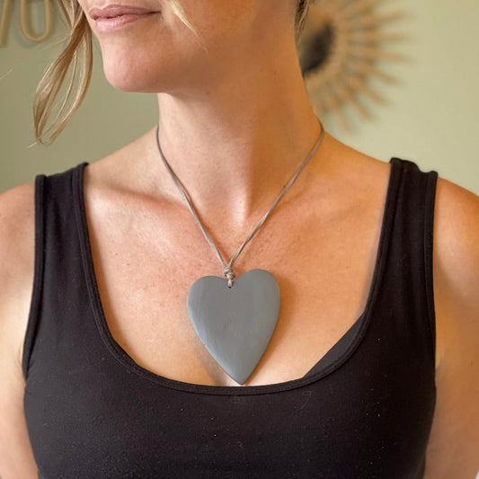 Tinted wood heart necklace Bali handmade boho artisan gray