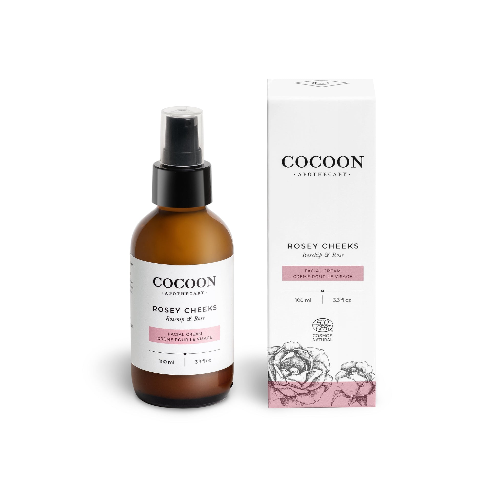 Cocoon Apothecary Rosey Cheeks Facial Cream bottle and packaging on a white background
