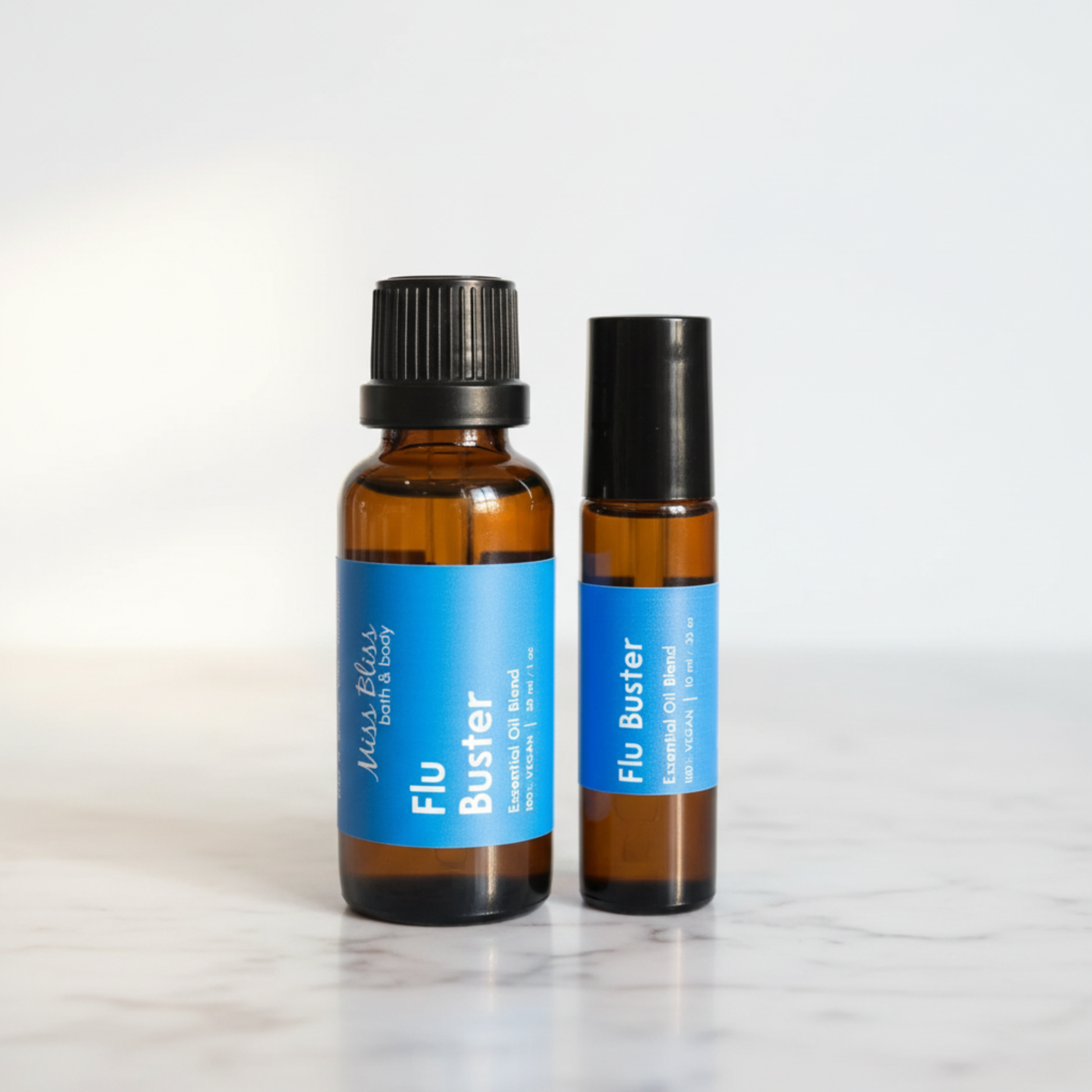 Flu Buster Essential Oil Blend — 30ml bottle and 10ml roller ball, 100% vegan, handcrafted in Canada