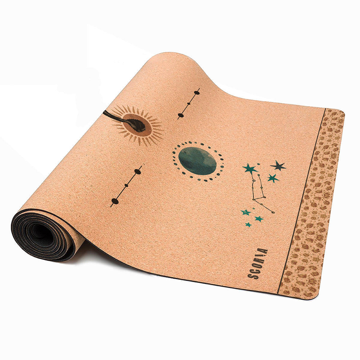 Cork yoga mat with dragon design half-rolled up on a white background