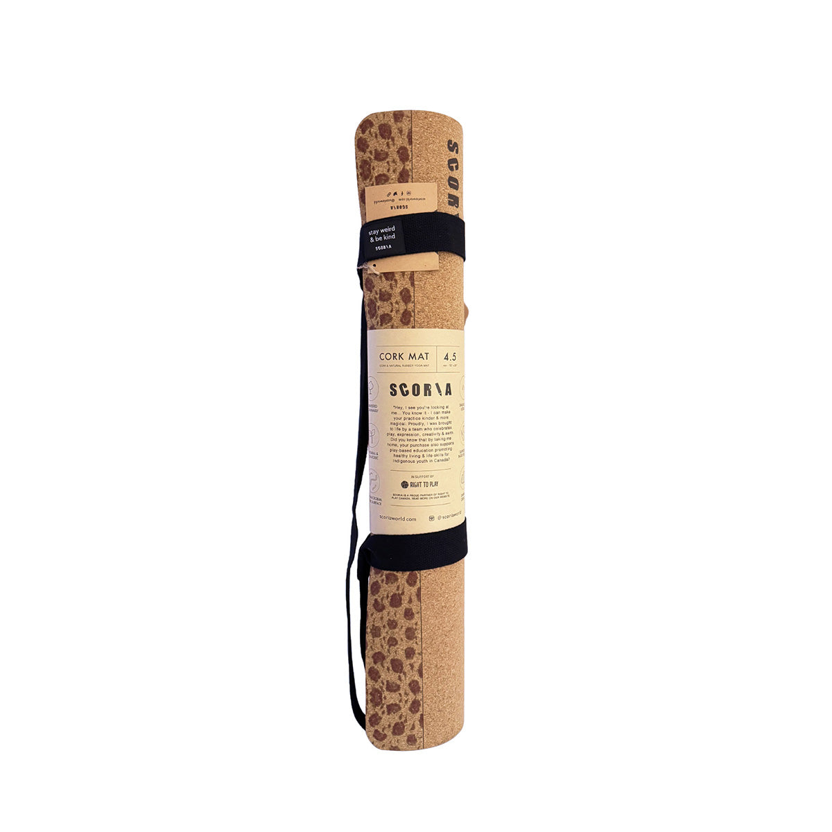 Cork yoga mat with dragon print pattern rolled-up with strap on a white background