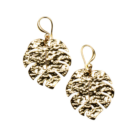 Gold plate hammered leaf drop earrings nature boho jewelry handmade in Bali