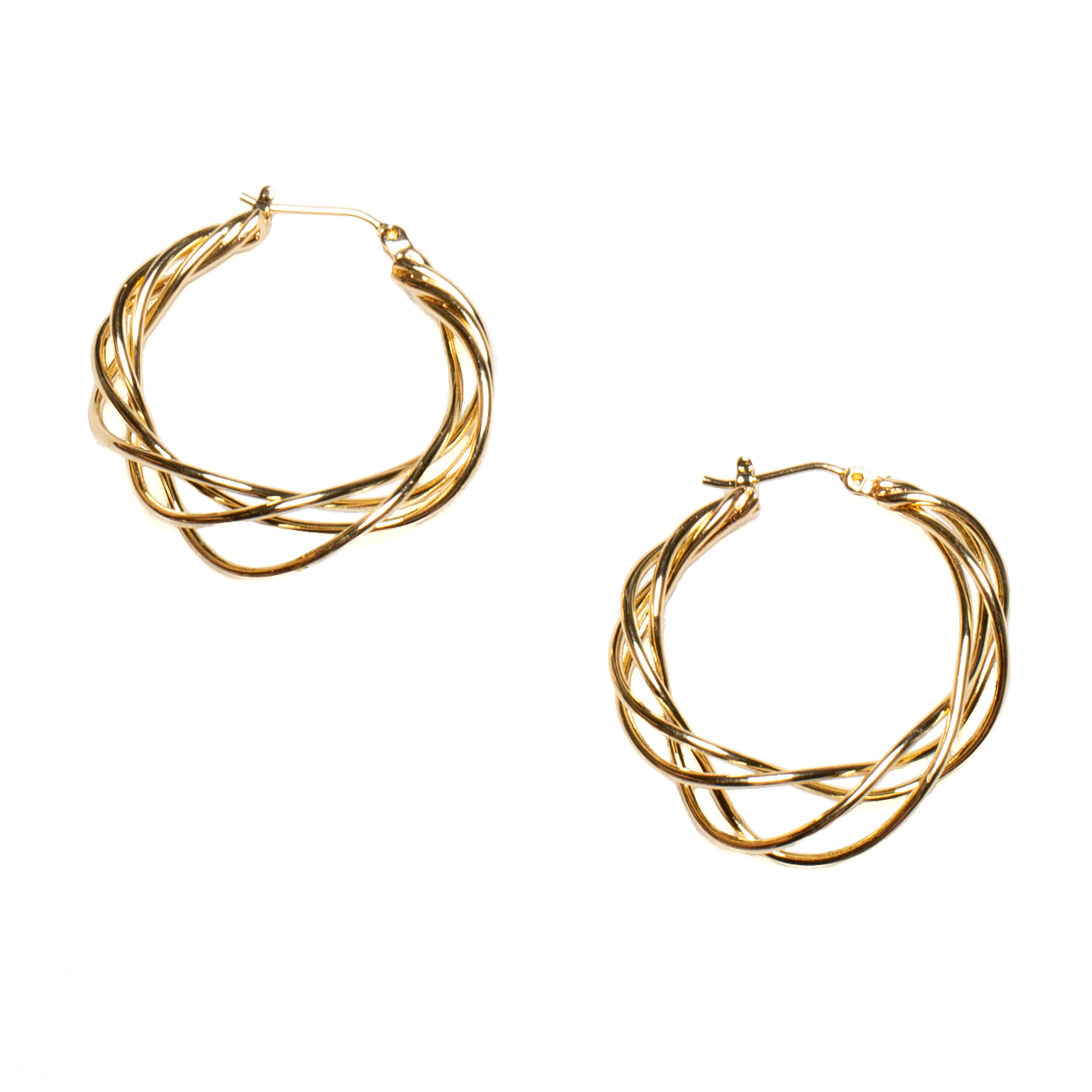 Gold plate twist hoop earrings up close top view minimalist everyday jewelry handmade in bali